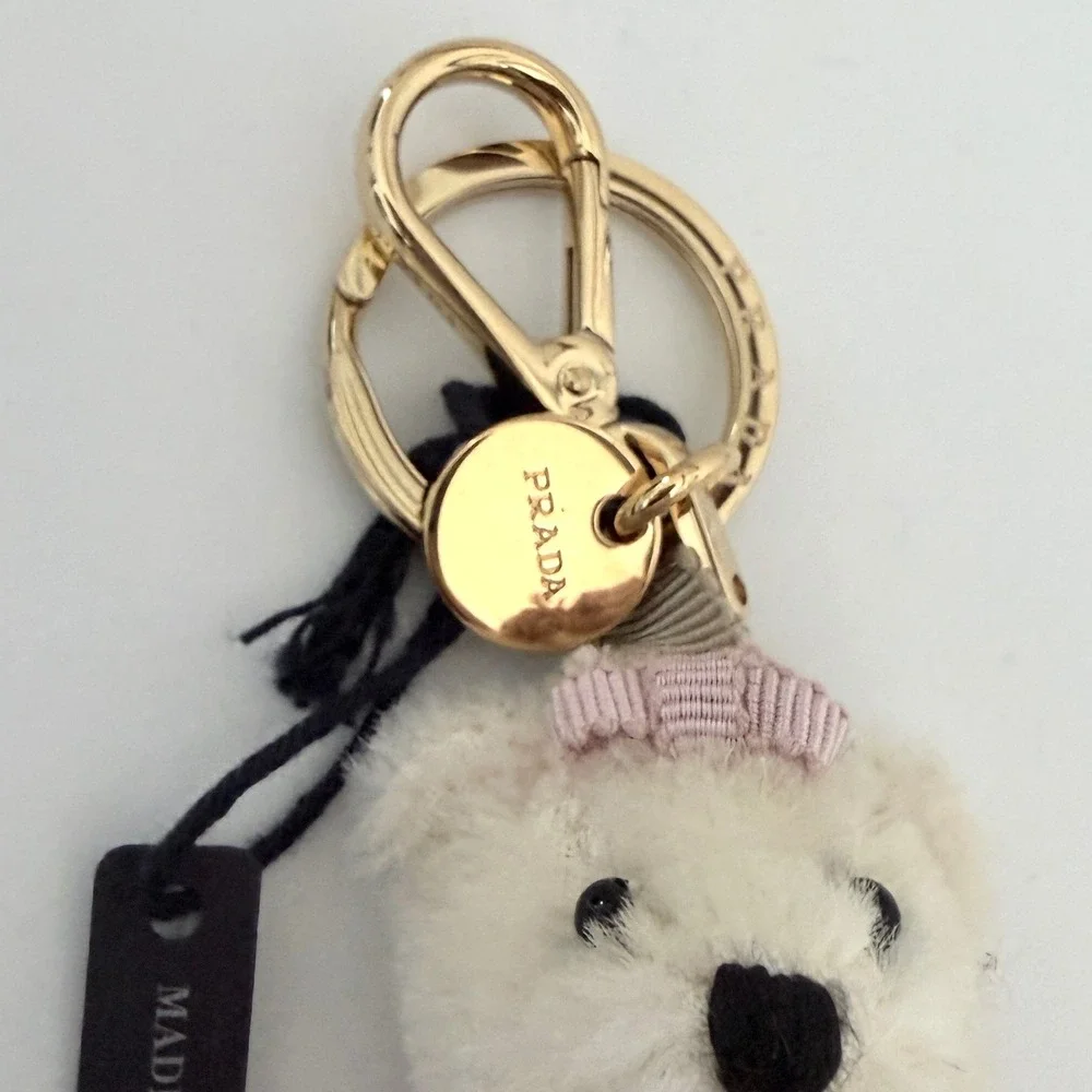 Prada Orsetto Grace Bear Keychain Pink Satin Dress Gold Hardware 1TO067